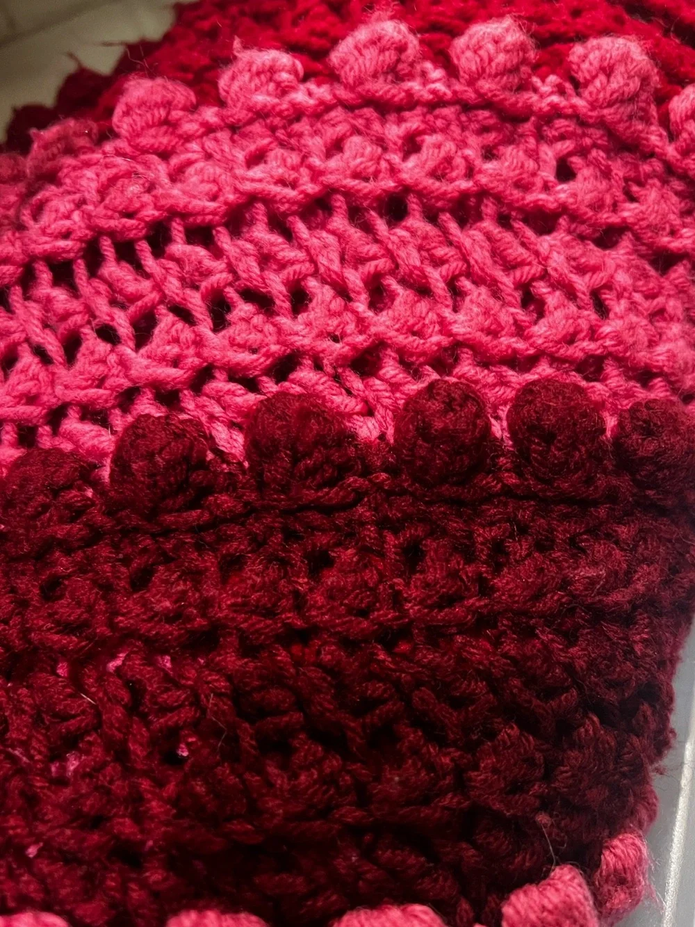 Vintage Handmade Crocheted Throw Afghan Pink Burgundy Bobble Blanket